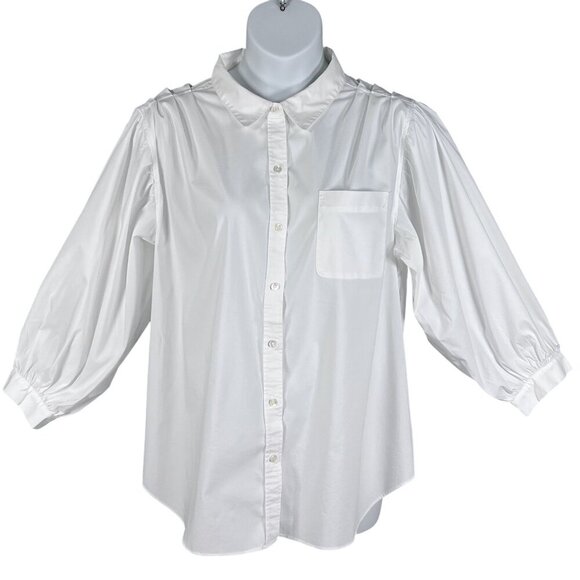 Philosophy Womans 3X White Button Up Blouse Balloon Sleeves Pocket Minimalist - Picture 1 of 16